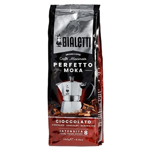 Bialetti - Perfetto Moka Cioccolato: Café Molido Tueste Medio, Aroma de Chocolate, 250g, Paquete con Válvula Unidireccional para Preservar el Sabor