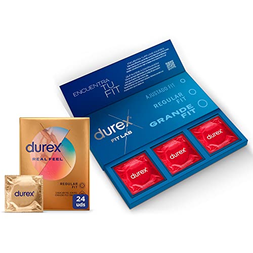 Durex Preservativos Real Feel, Sensación Piel con Piel, 24 condones, FitLab Encuentra tu Talla, 3 condones