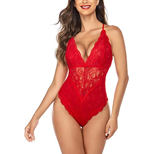 WOZOW - Lencería erótica sexy de encaje con forma de V para mujer, ropa interior sexy, talla grande S-3XL rojo XXL