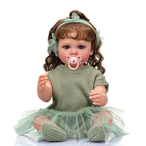 55 cm Muñeca Reborn Lindo Chica Cuerpo Completo Suave Silicona Vinilo 24 pulgadas Realista Renacido Niño Pequeño Muñeca Ojos Azules con Ropa de Punto Verde Niño Cumpleaños Navidad Regalo Juguete