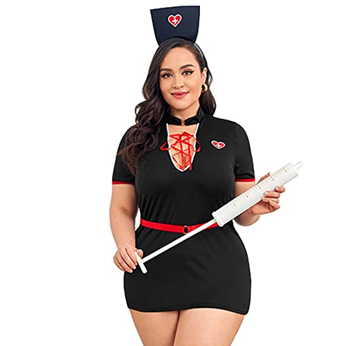 JasmyGirls Lencería sexy de enfermera, talla grande, disfraz de cosplay de Halloween, traje de criada de anime, disfraz de médico travieso, uniforme de juego de rol, vestido babydoll, Negro, XXX-Large