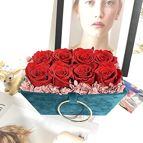 8 Rosas Eternas en Caja Terciopelo - Flores Día de la Madre - Flores preservadas para Regalar con DEDICATORIA (Rosas Rojas en Caja Verde)