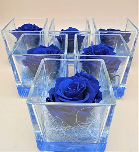 Almaflor Rosa eterna Azul. Cubo de Cristal con Rosa eterna Azul. Rosa eterna preservada Azul. Hecho en España.