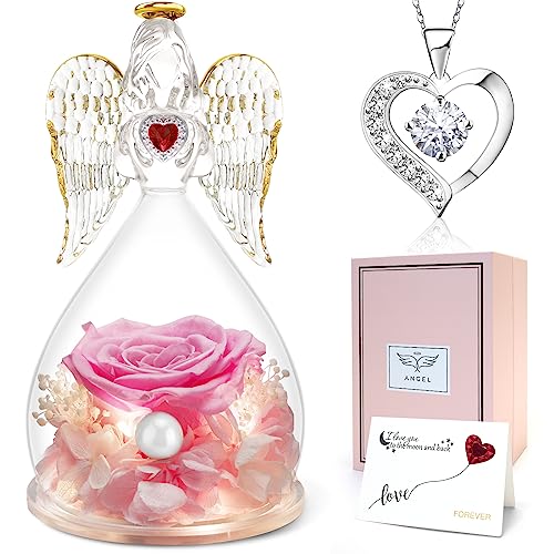 Sunia Rosa Eterna con Collar de Corazón, Ángel de Cristal con Luces LED, Rosa Real Preservada, Flores Eternas Regalo de San Valentín para Ella, Ideas de Regalos para Mamá, Regalo Cumpleaños Mujer