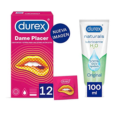 Durex Preservativos Dame Placer con Puntos y Estrías 12 unidades + Lubricante Naturals H2O de Base Agua 100ml