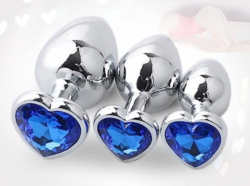 RianGor Perlas de Masaje de Metal de Acero Inoxidable en Forma de corazón Bûtt Pl'ugs Juego de 3, Base de Piedras Preciosas de Cristal Azul