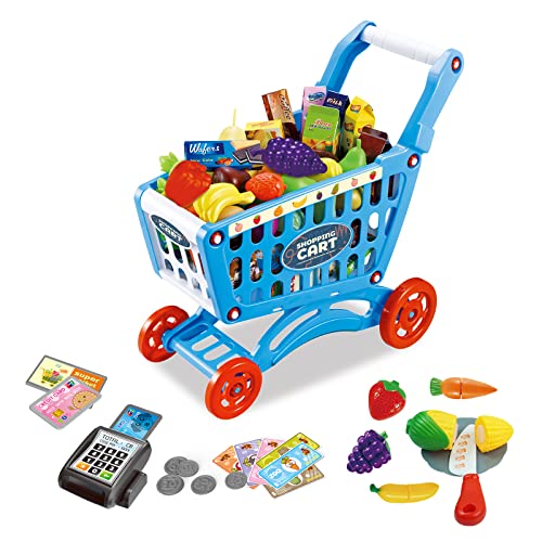 RedCrab Carro Compra Juguetes Infantil, Juego de Accesorios de Tienda de 64 Piezas, Carrito de Compras de Juguete para Regalo Educativo (Azul,64pcs)