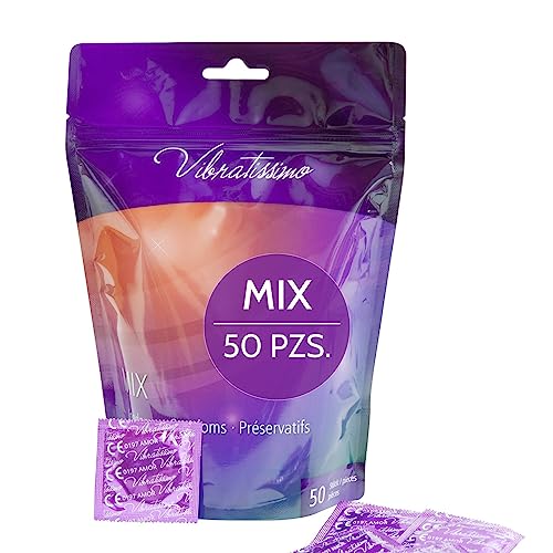 VIBRATISSIMO Condones Mix paquete de 50 mixto I sensitivos y extra húmedos I bolsa de preservativos grosor delgado y aromatizados I condones extra finos con textura estirada y acanalado