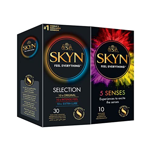 SKYN Selection Preservativos Paquete de 30 & 5 Senses Paquete de 5 / Skynfeel Condones sin látex para hombres, 10 x Original, 10 x Intense Feel, 10 x Extra Lube, Condones delgados
