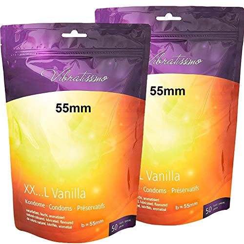 VIBRATISSIMO Condones XXL Vanilla paquete de 100 I preservativos premium con aroma I condones vainilla con grosor de pared fino y aromatizados I condones sensitivos ultrafinos I b=55mm