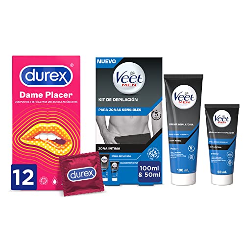 Durex Preservativos Dame Placer con Puntos y Estrías, 12 condones, Veet Men Kit de Depilación para Zonas Íntimas del Cuerpo 2x50ml