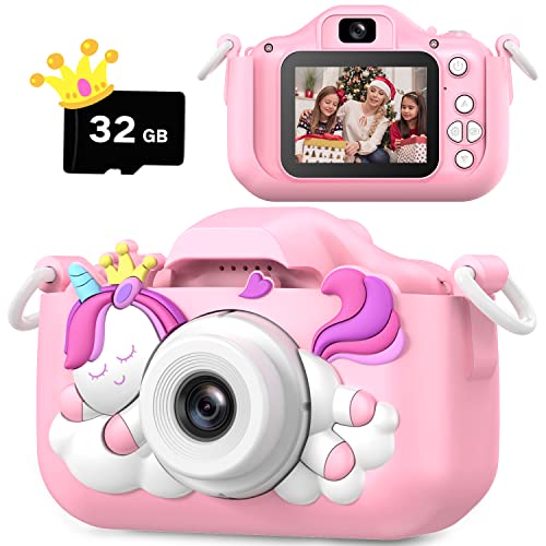 Unicornio Camara Fotos Infantil, Regalos de cumpleaños de Navidad para Niñas Niños 3-12, 1080P HD Selfie Digital Video Cámara, Lindo Pequeñas Niñas Niños Regalos Juguetes, con Tarjeta SD de 32 GB