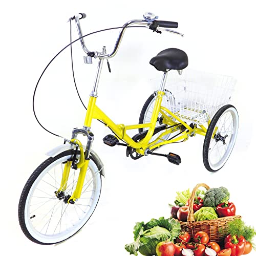 Triciclo de 20 pulgadas para adultos, triciclo para personas mayores, plegable, triciclo, triciclo, 3 ruedas, triciclo, bicicleta plegable, crucero triciclo, con cesta de la compra