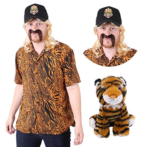 Disfraz de rey tigre para Halloween, disfraz exótico de Joe – Disfraz de culto para adultos con sombrero, peluca, bigote y juguete suave – Reality T.V. Show Novedad disfraz (mediano)