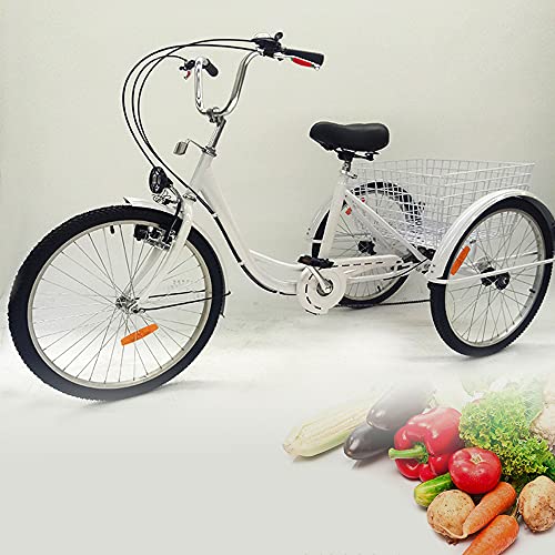 Triciclo para adultos de 24 pulgadas, 3 ruedas, con cesta de la compra, triciclo para adultos, triciclo para personas mayores (blanco)