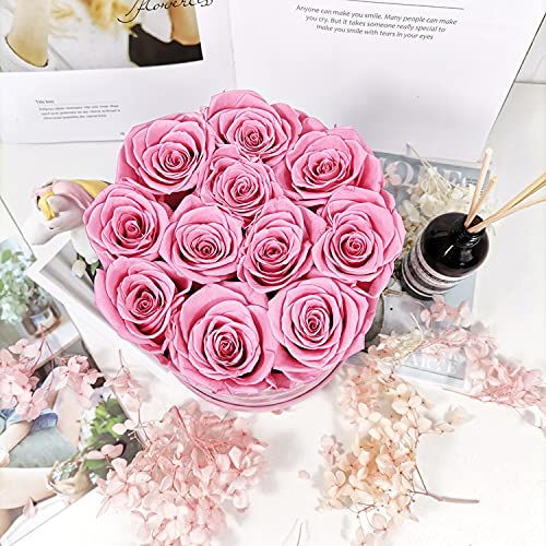 11 Rosas Eternas en Caja Terciopelo bombonera - Flores Día de la Madre - Flores con Tarjeta DEDICATORIA (Rosas Rosa en Caja Rosa)