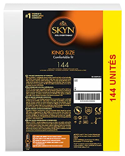 Skyn King Size Large - Lote de 144 preservativos extragrandes, sin látex Skynfeel para hombre, Xl, condones finos, forma recta lisa/diámetro 56 mm