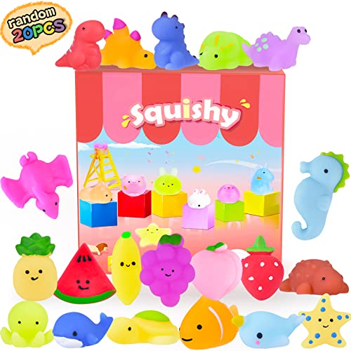 Squishys Kawaii Squishy Mini Juguete Suave de Silicona de Alivio de Estrés en Forma de Fruta Dinosaurio Animal Marino, Juguete Pegajoso Sin Tóxico para Niños y Adultos, Patrón Aleatorio 20 Piezas