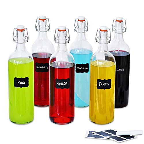 Creative Home Grande Botella Cristal Agua 1 Litro | 6 x 1L | Set con Tapa de Clip Hermético | Rellenable para Vino, Zumo y Cerveza | 8 Pegatinas Reutilizables y 1 Tiza Antipolvo