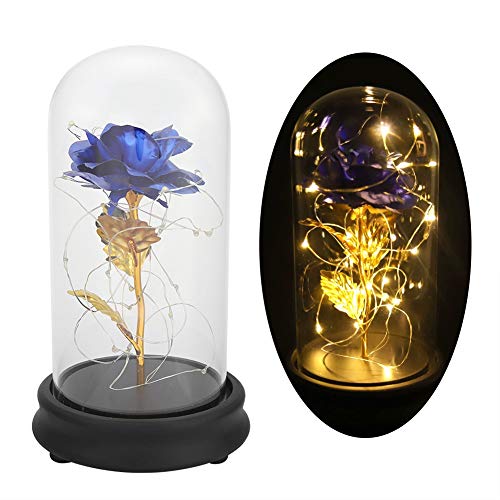 Preservado Flor de Rose 24k Chapado en Oro Flor de Rosa Luz LED con Cubierta de Vidrio Día de San Valentín Regalo de Boda(Azul)