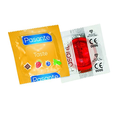 Preservativos Pasante Aroma con sabor (144 unidades, pasante fresa Crush), condones aromatizados a la fresa, paquete grande de más de 100 tamaños estándar, ancho 54 mm, longitud 19 cm, de colores
