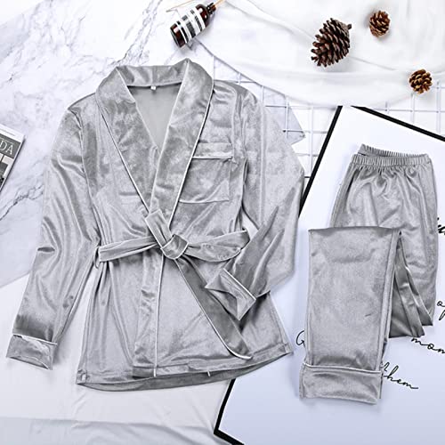 AWYR Pajama de Terciopelo Gris Traje casero de Manga Larga para Mujeres Juegos de Traje de Dormir de Dos Piezas de Dos Piezas-Gray,S