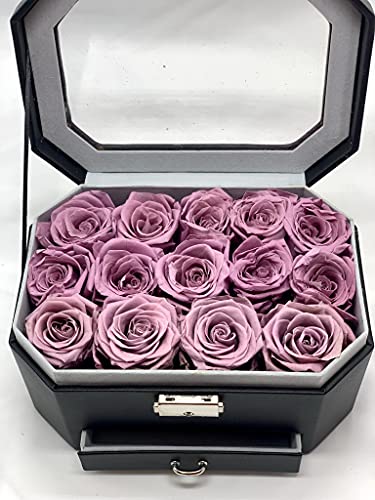 14 Rosas preservadas en Caja joyero Transparente - Flores Día de la Madre - Joyero con Flores y Tarjeta DEDICATORIA (Rosas Moradas con joyero Negro)