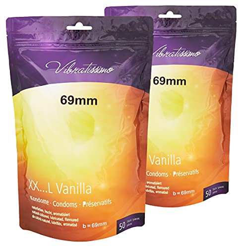 VIBRATISSIMO Condones XXL Vanilla paquete de 100 I preservativos premium con aroma I condones vainilla con grosor de pared fino y aromatizados I condones sensitivos ultrafinos I b=69mm