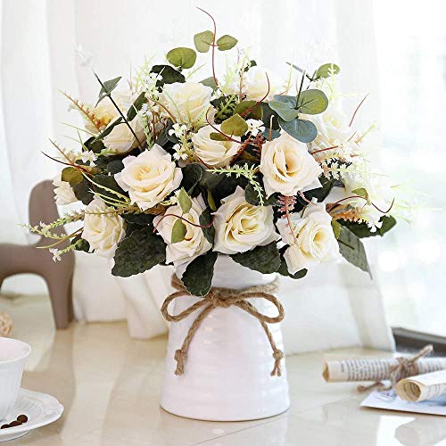 LESING Flores Artificiales Rosas de Seda con Modernos Ceramica Jarrones de Flores para 3 Piezas Rosas Ramo de Novia para Centro de Mesa Decoración - champán