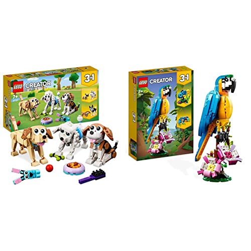 LEGO 31137 Creator 3 en 1 Perros Adorables, Beagle, Caniche & 31136 Creator 3 en 1 Loro Exótico, Pez o Rana, Figuras de Animales de Juguete
