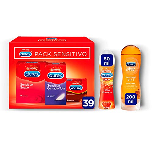 Durex Pack Preservativos Sensitivo Suave Contacto Total + Real Feel + Gel de Masaje Estimulate + Lubricante Sabor Fresa - 39 condones