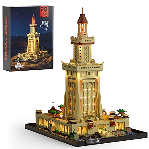 FUNWHOLE Juego de Ladrillos de construcción - El Faro de Alejandría Juego de Modelos de construcción 1677 PCS para Adolescentes y Adultos con Kit de iluminación LED