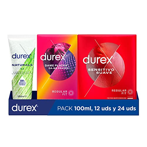 Durex Preservativos Dame Placer + Preservativos Sensitivo Suave + Lubricante Naturals H20 - Total 24 Condones + Gel 100ml, color Rojo, 37 Unidad