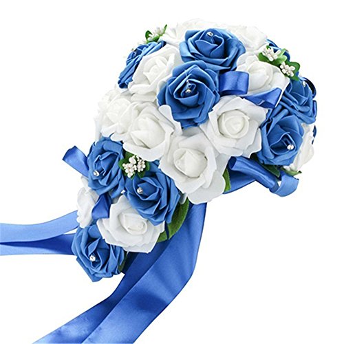 Tangbasi Romántico Ramo de Novia Rosas Artificiales Ramo de Flores para la Boda (Blanco&Azul Oscuro)