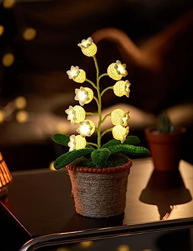 Lámpara de lirio del valle,10 flores artificiales de ganchillo con luces nocturnas, lirio de valle falso,macetas incluidas, para regalo,cumpleaños,decoración del hogar de escritorio (lámpara cálida)