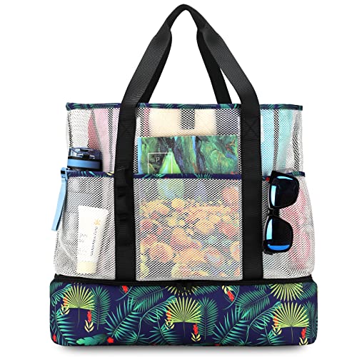 UYLIA Tote Bolsa Playa de Malla Grande Familiar Mujer Hermosa y Duradera Bolsa Termica Playa con Cremallera Bolso para Playa Viaje Compras Camping Vacaciones Juguetes (Hojas verdes)