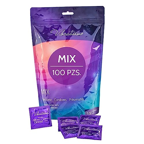 VIBRATISSIMO Condones Mix paquete de 100 mixto I sensitivos y extra húmedos I bolsa de preservativos grosor delgado y aromatizados I condones extra finos con textura estirada y acanalado