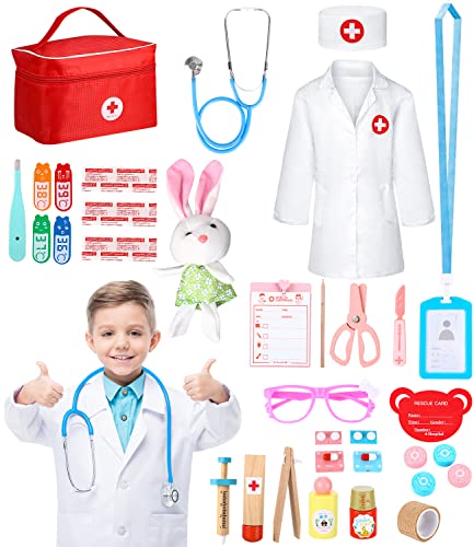 JOFLVA Kit Medico Infantil, Juegos de Niños, Kit de Dentista con Estetoscopio y Abrigo,Regalo para Niños en Fiestas,Cumpleaños,Navidad, Juego de Roles del Doctor 3+ Años