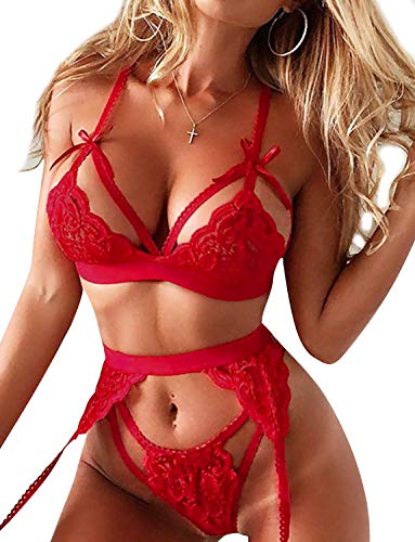 Popiv - Conjunto de lencería sexy para mujer, sujetador y sujetador rojo L
