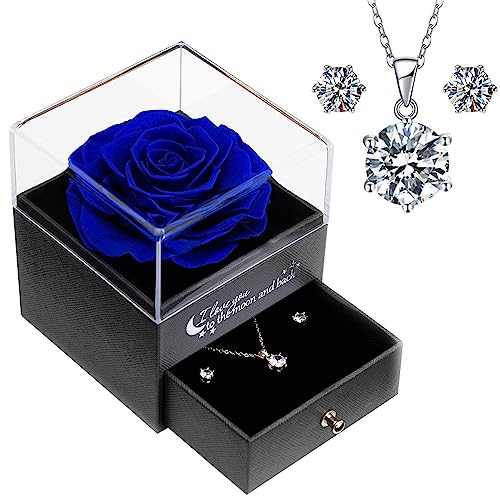 Sunia Eterna Rosa - Rosa Azul Preservada con Cadena Plata Mujer Regalo de Rosa Real Hecho a Mano para Mujer Mama Novia Regalo para Navidad Cumpleaños Dia de San Valentin Dia de la Madre