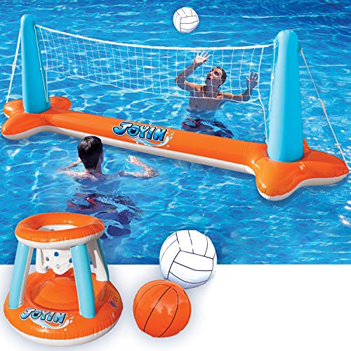 Juguete de Flotador para Piscina, Red Inflable de Voleibol y Aros de Baloncesto para Niños y Adultos, Pelotas Incluidas, Juego de Flotador de Piscina, Flotadores de Verano