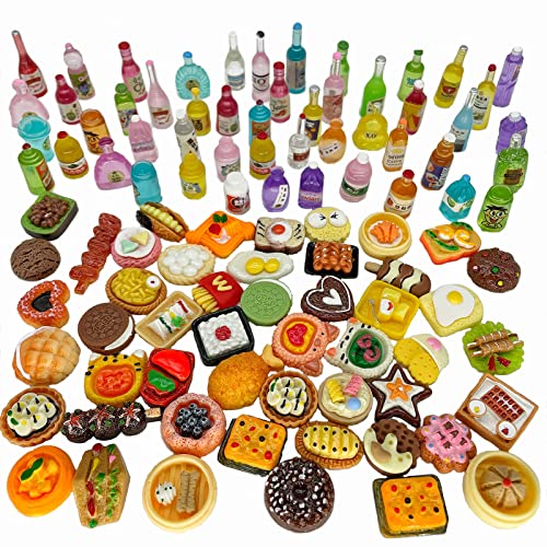 Lassuzie 100 Piezas Juguetes de Bebida Comida en Miniatura Alimentos Mixtos de Simulación, 1:12 Juguetes Muñecas Cocina Set de Mini Comidas para Adultos Adolescentes Casa de Muñecas