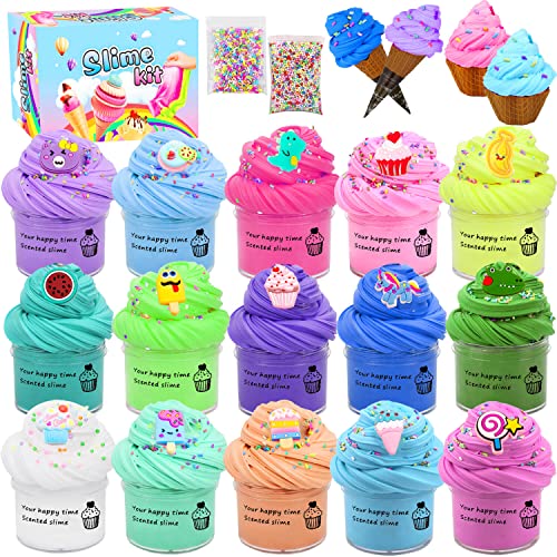 LiRiQi Slime Kit, Slime Paquete, 15 limos, 15 decoraciones, 2 conos de helado, 2 paquetes de agujas caramelo, 16 pegatinas, Adecuado para niños mayores de 3 años, juguete de descompresión para adultos